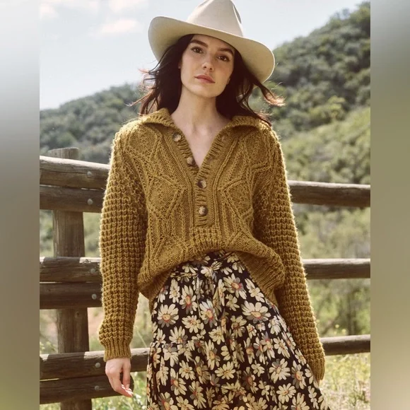 NWT The Great The Cozy Cable Pullover in Harvest Gold - Picture 1 of 6